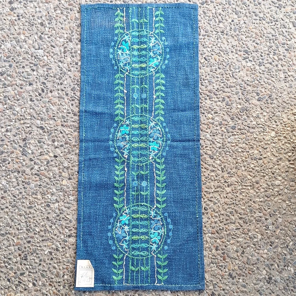 Vintage 70s Small Side Table Runner Hand Embroidered Hemp Boho Handmade